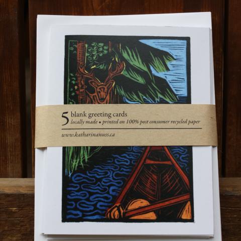 Pack of 5 cards showing view of deer from canoe