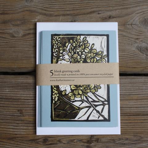 Pack of 5 cards showing hydrangea with snow