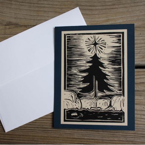 Card showing Christmas tree in the Canadian Shield, with envelope