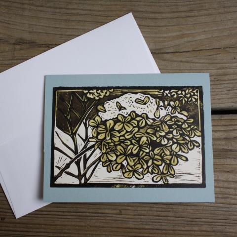 Card showing hydrangea with snow, with envelope