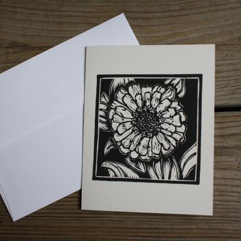 Card showing zinnia flower, with envelope