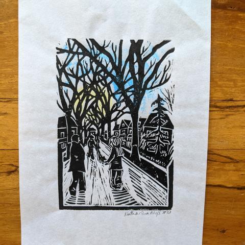 Unframed Linocut print of people walking together