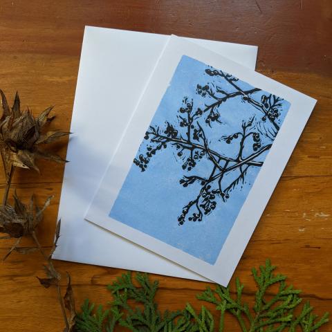 card showing linden branches in Winter, with envelope