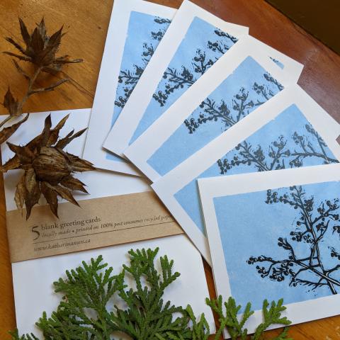 Set of 5 cards showing linden branches in winter, fanned out
