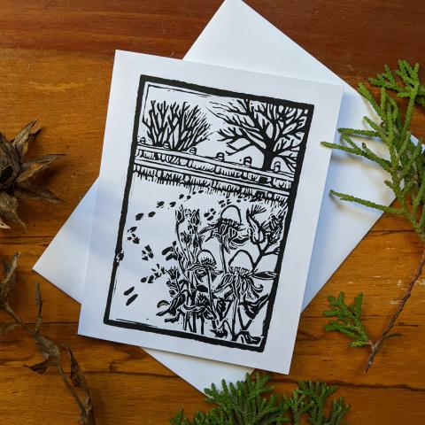 Card showing a garden in the winter, with envelope