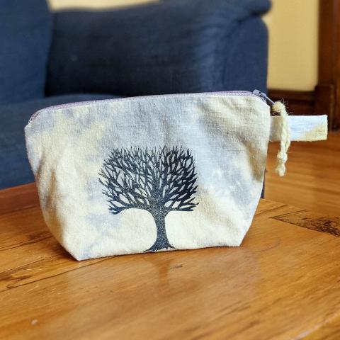 Plant dyed zipper pouch, block printed with tree