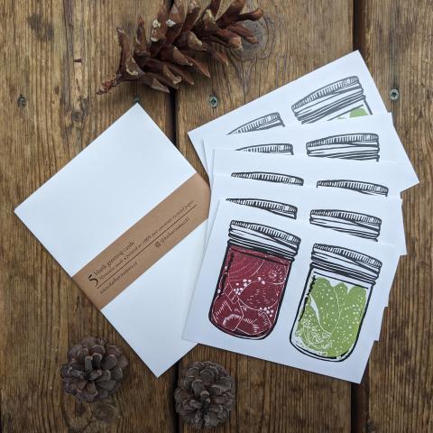 five greeting cards showing a jar of dill pickels and one of beet pickles