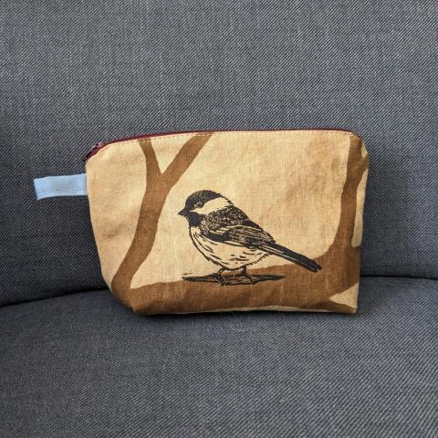 Zippered pouch with chickadee print