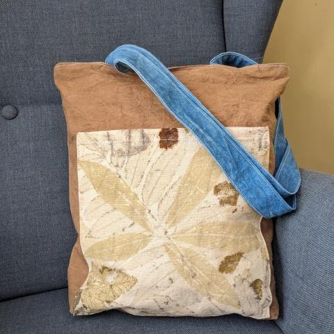 Plant dyed shoulder bag with eco-print pocket