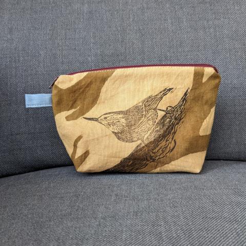 Zippered pouch with nuthatch print