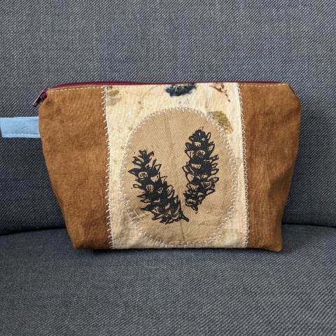 Zippered Pouch with pine cone linoprint