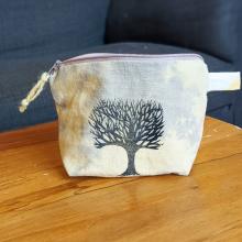 Plant dyed zipper pouch, block printed with tree