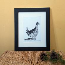 A framed linocut print of a sharp tailed grouse 