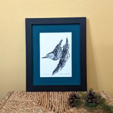 A framed linocut print of a white breasted nuthatch