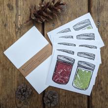five greeting cards showing a jar of dill pickels and one of beet pickles